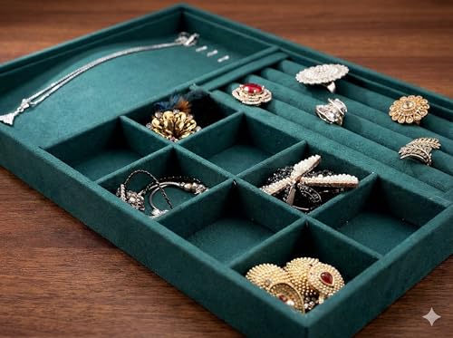 Image of MultiPurpose Tray Velvet Jewelry Drawer Organizer For Ring, Necklace,Chain, Earring & Jeweller Organizer Etc (Green)