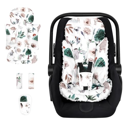 Image of CARUILI Infant Car Seat Insert and Strap Covers, Very Soft Car Seat Head Support Baby Girl Boy, Reversible Newborn Carseat Insert Cushion Fits for Stroller, Baby Swing, Bouncer (White Animals)