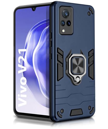Image of WOW IMAGINE Shock Proof Back Case Mobile Cover for Vivo V21 (Tough Armor | Hybrid PC + TPU | Full Protection with Ring Holder & in-Built Kickstand | Blue)