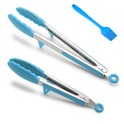 BvCook 2 Pack Silicone Food Tongs and Basting Pastry Brush for Cooking Nonstick Kitchen Tongs Baking BBQ Grilling Mixing BPA freeBlue