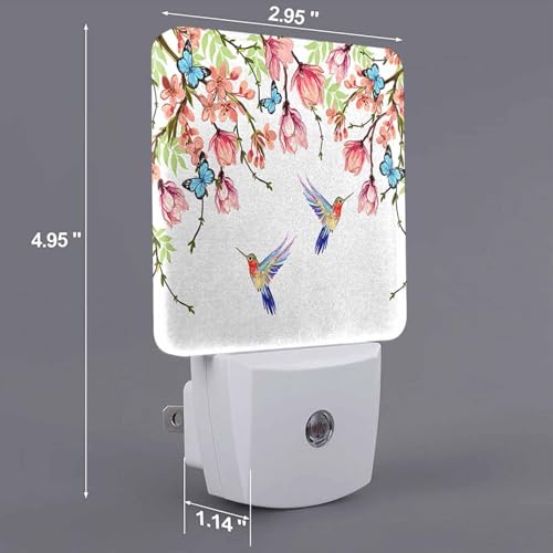 Image of LED Night Light,Summer Hummingbird Butterfly Floral Pattern LED Night Light Plug into Wall with Dusk to Dawn Light Sensor White Energy Efficient Nightlight for Bedroom Hallway Kitchen