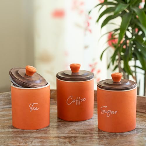 Image of ExclusiveLane 'London Diary' Airtight Ceramic Jars For Kitchen Storage With Wooden Lid Ceramic Containers For Pickle Cookies Sugar Dry Fruits (Set of 3, Airtight, 330 ml, 13.5 Cm, Orange & Brown)
