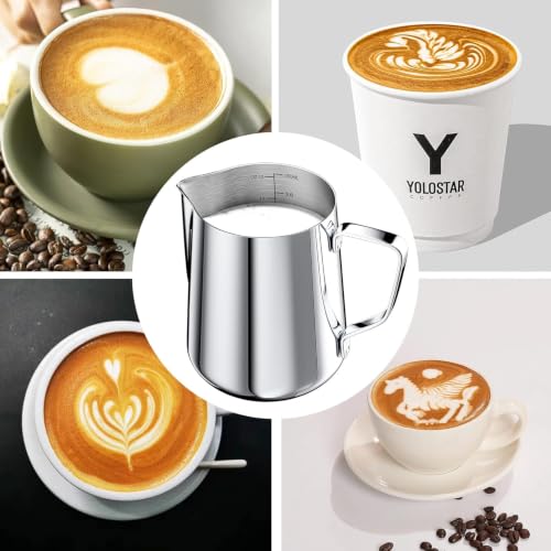 Foto von Gvolatee 350ml Milchkännchen zum Milchaufschäumen 304 Edelstahl, Milchkanne mit Messung Mark 12oz für Barista, Milch Pitcher für Cappuccino, Latte Art,Espresso, Perfekt für Kaffeeliebhabe, Silber