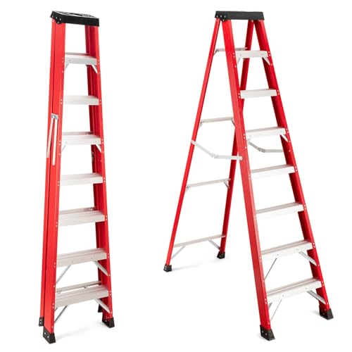 Fiberglass Ladder, 500 lbs Load Capacity, Non-Conductive, Heavy-Duty Step Ladder with Non-Slip Rubber Feet & Wide Steps, Industrial Grade for Electrical Work & Construction, Red (8-Foot)