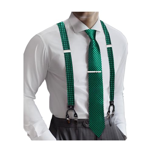Image of Barry.Wang Men Suspender Set with Necktie Elastic Y Type Heavy Duty 6 Clips Braces Tie Handkerchief Cufflink Pin 6PCS