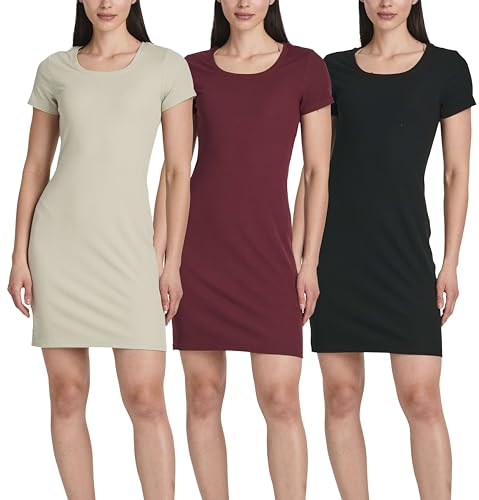 Image of Real Essentials 3 Pack: Women's Ribbed Mini Dress - Short Sleeve T-Shirt Dress Slim Fit Casual Summer Dress