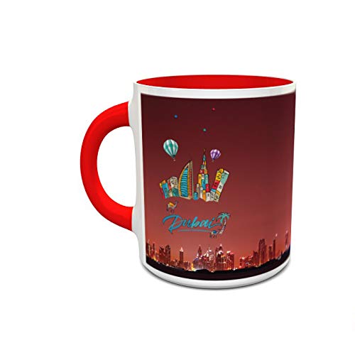 imPRESSWhite and Red Ceramic Coffee Mug with Dubai Skyline Design