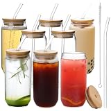 Bamboo Lid Glass Drinking Glasses with Glass Straw - 16-ounce Can Shaped Glassware for Beer, Iced Coffee, Cocktails, Whiskey, and More, Perfect for Cocktails, Whiskey, and Gifting 8Pack