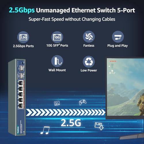 Image of 7 Port 2.5G Unmanaged Ethernet Switch, 5 x 2.5G Base-T Ports, 2 x 10G SFP, Compatible with 100 /1000 /2500Mbps, VLAN, Fanless, Desktop /Wall Mount YuanLey 2.5Gbe Network Switch for Wireless AP, NAS, PC