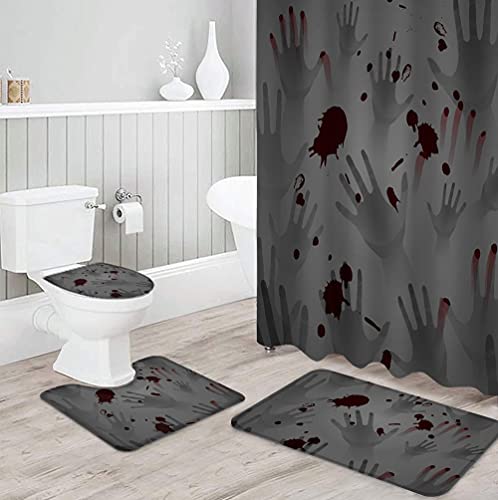 ZDDWLDL 4Pcs Duschvorhänge Set Mit Rutschfesten Teppichen,Toilettendeckel und Badematte Grauer Schwarzer Halloween-Geist…
