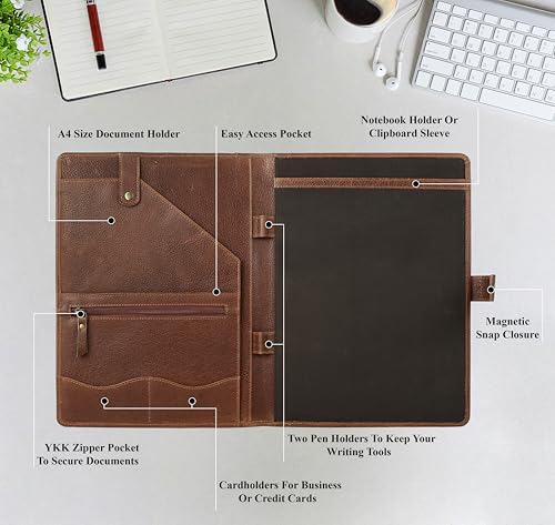 Image of KomalC Leather Portfolio Folder with Button Closure | Business Padfolio for Professionals | Vintage Organizer with Legal Pad Holder, Card Slots & Document Pockets