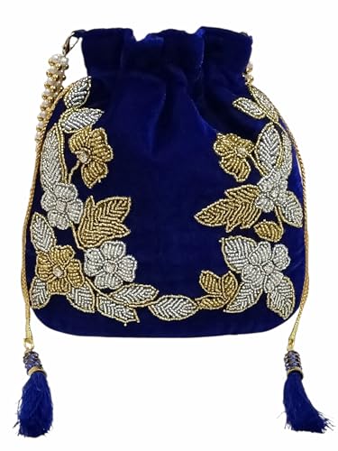 Image of Velvet Potli Bag with Golden & Silver Beaded Flower Embroidery - Handcrafted Ethnic Drawstring Bag for Weddings, Parties & Festive Gifts - Beaded Handle & Tassels for Women