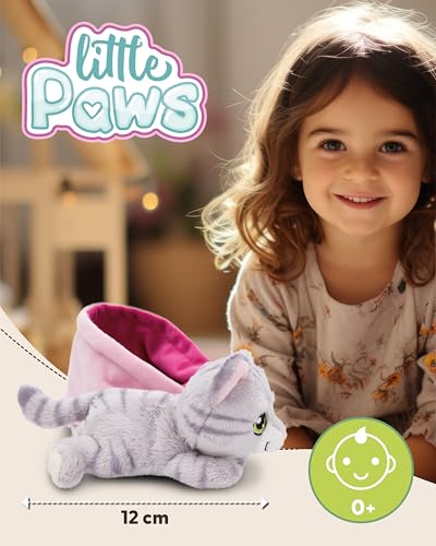 NICI Little Paws Kuscheltier Katze 12cm grau getigert im pinken Körbchen - Flauschiges Stofftier, Plüschtier zum Kuscheln, Spielen und Liebhaben - 61331
