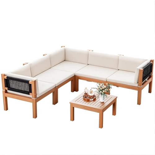Devoko Outdoor Sectional Couch 6 Pieces Patio Sectional Sofa with Acacia Wood Coffee Table, Outdoor L-Shaped Couch with All-Weather Cushion for Patio,Deck,Backyard(White)