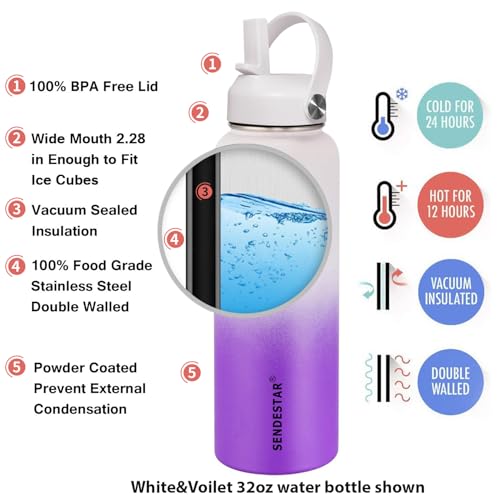 Image of SENDESTAR Water Bottle 32oz Double Wall Vacuum Insulated Leak Proof Stainless Steel Sports Water Bottle-Wide Mouth with New Flex Straw Lid & Spout Lid (White&Voilet)