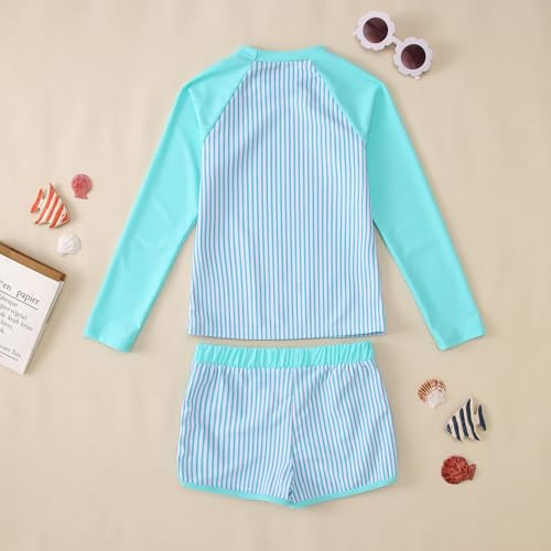 Image of Ritatte Girls Rash Guard Swimsuit 2 Pieces Stripe Bathing Suit Long Sleeve Rashguard Beach Shorts Summer Swimwear 7-12T(Blue Green,11-12T(160))