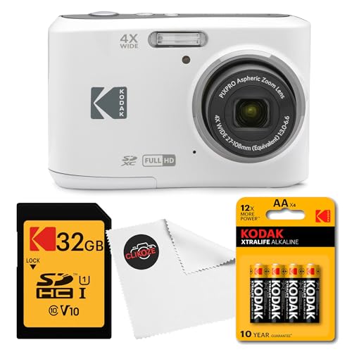 Kodak PIXPRO FZ45 Digital Camera (White) Bundle with 32GB Class 10 SDHC Memory Card Kodak AA Xtralife Batteries (4-Pack) and Clikoze Lens Cloth