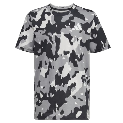 adidas Boys' Short Sleeve Cotton Allover BoS T-Shirt, Black Grey Camo, X-Large