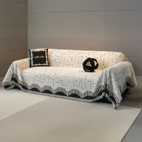 Image of The Furnishing Tree 3 Seater Reversible Chenille Sofa Cover, Double-Sided Luxury Throw, Anti-Slip Couch Cover, Soft & Comfortable Sofa Towel for All Seasons, Minimalist Geometric Fringe