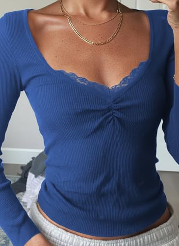 Image of Womens Lace Long Sleeve Top Paneled Henley Shirts Y2k 2000s Fitted Going Out Tops Blouse