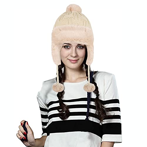 Xgopts Women Peruvian Earflap Knitted Hat Winter Bomber Trapper Russian Hat Warm Beanie Hat Fleece Lined Pom Ski Knit Cap White #TOP1