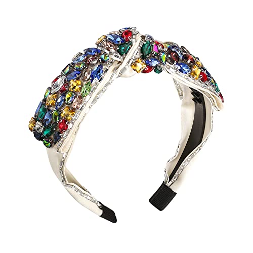 EVER FAITH Bandeau Strass pour Femme Scintillant Cristal Rembourré Large Bandeau Noeud-Cheveux Postiche Multicolor Ton d'or Tissu Blanc Cover