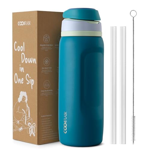 Image of Coolflask MegaSip Insulated Water Bottle 32 oz with Straw, Stainless Steel Water Bottles Leak-Proof, 24+ Hours Cold, BPA-Free Dishwasher Safe, Water Flask for Sports Gym Work Office, Scuba Blue