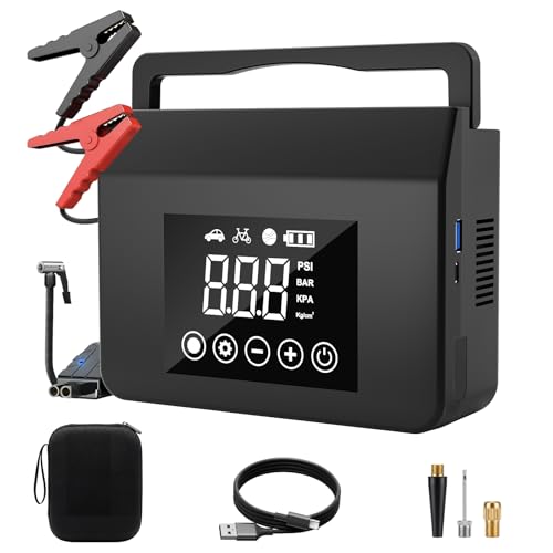 Jump Starter with Air Compressor 4000A Car Battery Jump Starter(ALL Gas/8.0L Diesel) with 150PSI Tire Inflator 12V Car Battery Jump Power 15000mAh PowerBank With LED Light with Type-C Quick Charge.