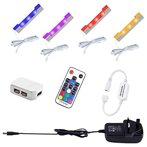 AIBOO LED RGB Under Glass Shelf Cabinet Lighting Kit with RF Remote Control, Dimmable Long Clip on Glass Display Shelf Lights, Ultra Slim LED Strips Lights for Kitchen Counter and Cupboard (4 Pack) Cover