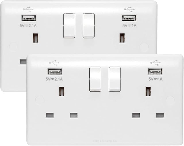2 x USB Double Wall Plug Socket 2 Gang 13A with 2 USB Charger Port Outlets White Socket Plate
