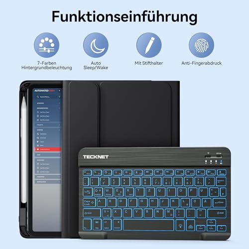 TECKNET Hülle mit Tastatur für iPad A16 11/10 Generation(2025/2022, 11/10.9 Zoll), 7 Farben Beleuchtete Magnetische Abnehmbare Keyboard QWERTZ, Schutzhülle mit Stifthalter für iPad 11./10., Schwarz 6