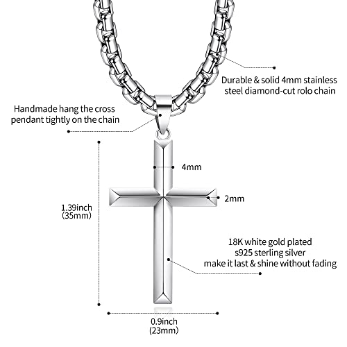 925 Sterling Silver Cross Necklace for Men Women with 4mm Durable Stainless Steel Rolo Chain Necklace 18K White Gold Plated Cross Pendant Necklace Jewelry 16-26 Inches3