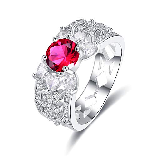 Emsione 925 Sterling Silver Plated Floral Cubic Zirconia Round Brilliant Cut Anniversary Wedding Engagement Ring Band for Women Size 9 Color Red
