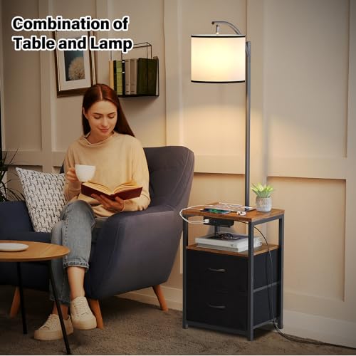 Image of SUNMORY Floor Standing Lamp with Table & 2 Drawers, USB & AC Charging Port | 3 Color Temperature LED Bulb, Modern Nightstand for Bedroom, Shelves End Side Table Lamp for Living Room Home Office