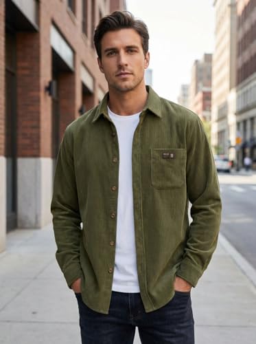 Image of IndoPrimo Men's Corduroy Shirt | Premium Ribbed Full Sleeve Casual Overshirt | Button-Down Solid Shirt with Chest Pocket | Regular Fit