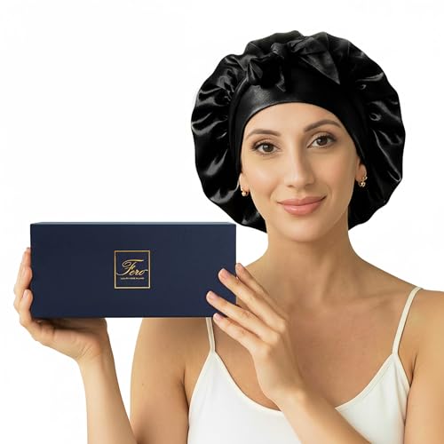 Ferò Cuffia Seta Capelli Notte, 100% Gelso di Lusso, 22 Momme Grado 6A, Regolabile e Traspirante, Silk Bonnet Protezione per Capelli Ricci e Lisci, Ipoallergenica, con Confezione Regalo, Nero
