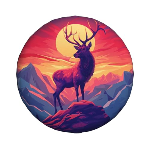 Image of Abstract Mountain Sunset and Deer Spare Tire Cover Wheel Protectors Weatherproof Deer Pattern Wheel Covers Universal Fit for Trailer RV SUV Truck Camper Travel Trailers Accessories 17 Inch