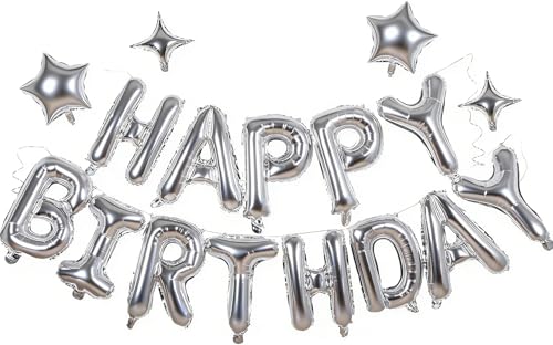 Silver Happy Birthday Banner Balloon Aluminum Foil 16 Inch Letter,10 Inch Five Pointed Star Four Pointed Star Suitable for Kids, Men, Women, Boys and Girls Party Decoration Supplies