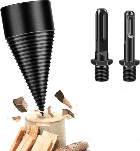 MaxEarn Broca para leña, cono de perforación, cortador de madera, 42 mm, con 2 mangos de perforación, cortador de leña, tornillo de separación de madera, cono de madera dividida, para martillos