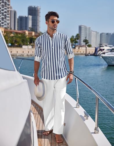 COOFANDY Men's 2 Pieces Cotton Linen Set Long Sleeve Henley Shirts Casual Beach Pants With Pockets Summer Yoga Outfits3