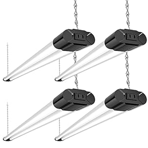 BBOUNDER 4 Pack Linkable LED Utility Shop Light, 4400 LM, Super Bright 6500K Cool Daylight, 4 FT, 48 Inch Integrated Fixture for Garage, 40W Equivalent 250W, Surface + Suspension Mount, Black