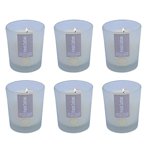 Image of EKAM Fresh Cotton Votive Soy Wax Scented Candle, 40 Grams, 10 Hours Burn Time| Long Lasting Premium Candles | Ideal for Home Decor | Gifting & Aromatherapy (Pack of 6)