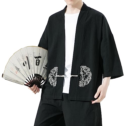 Image of Mens Kimono Cardigan Cotton Linen Japanese Shirt 3 /4 Sleeve Haori Yukata | Skin-Friendly Solid Color Lightweight Shawl Collar Kimono Robe Embroidery Button Tie Pockets Happi Coat All Season Daily Wear