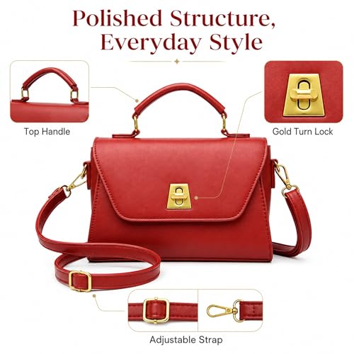Image of Crossbody Bag for Women Shoulder Handbag PU Leather Satchel Purse with Top Handle Gold Turn Lock Adjustable Strap