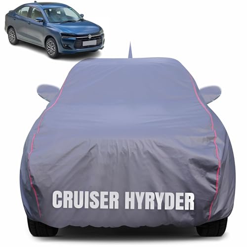Image of 100% Waterproof Car Body Cover for Toyota Urban Cruiser Hyryder with Mirror Pocket (Heat & UV Resistant, Triple Stitched, Soft Lining, Bottom Elastic & Piping) Grey