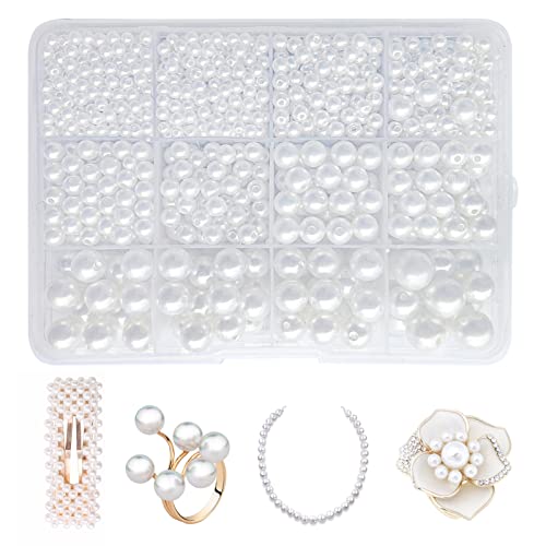 1470 Pièces Perle Blanche 4-12mm Perle Nacre 6 Dimensions Perle Rouge et Blanche Perles Blanches pour DIY Artisanat Colliers Bracelets Boucles d'oreilles Fabrication de Bijoux Cover