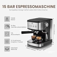SUPERLEX Siebträger Espressomaschine Edelstahl 15 Bar Druck Milchaufschäumer 1100 Watt Kaffeemaschine für Espresso Cappuccino Latte 1.5 Liter Wassertank Kompakte Kaffeemaschine – Ansicht 3