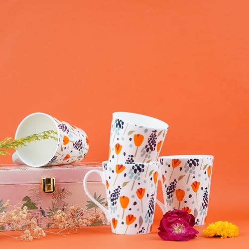 Image of Dandy Lines Conical Floral Fusion Milk Mug, Ceramic, Pack of 4, Microwave & Dishwasher Safe, Great for Home Use & Gifting