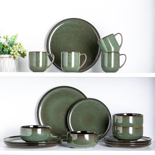 Image of LERATIO Ceramic Dinnerware Sets for 4,16-PieceReactive Glaze Plates and Bowls Set with Mugs,Highly Chip and Crack Resistant | Dishwasher,Microwave & Oven Safe Dishes set-Green