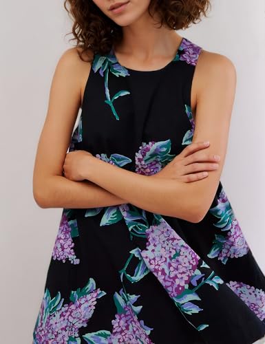 Image of SKIKYAN Women Summer Cotton Mini Dress Floral Print Tank Dress Blackless Sleeveless Casual Sundress with Pockets